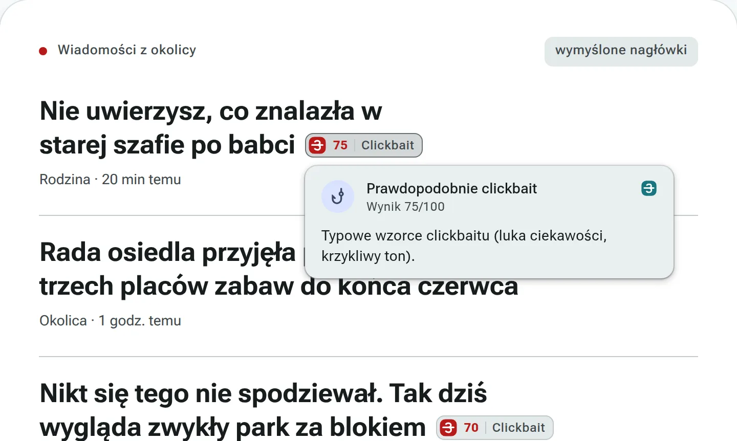 Strona testowa z wymyślonymi nagłówkami. Przy przynętach „Nie uwierzysz, co znalazła w starej szafie po babci” i „Nikt się tego nie spodziewał. Tak dziś wygląda zwykły park za blokiem” plakietki clickbait z wynikami 75 i 70; zwykły nagłówek o placach zabaw nie ma plakietki. Pod pierwszą otwarty dymek: Prawdopodobnie clickbait, wynik 75/100, typowe wzorce clickbaitu (luka ciekawości, krzykliwy ton).
