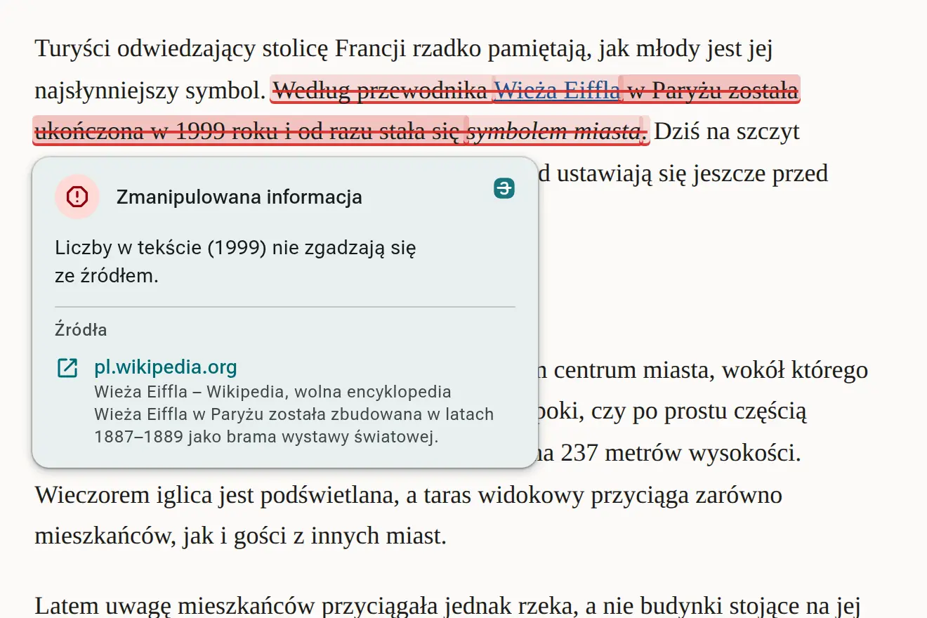 Artykuł z przekreślonym na czerwono zdaniem o Wieży Eiffla ukończonej w 1999 roku. Dymek: Zmanipulowana informacja, liczby nie zgadzają się ze źródłem, link do pl.wikipedia.org.