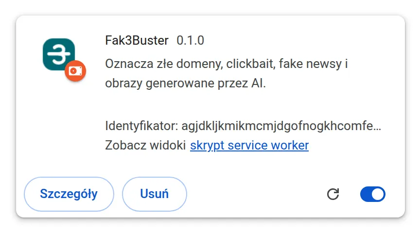 Kafelek wczytanej wtyczki: Fak3Buster 0.1.0, opis, identyfikator, przyciski Szczegóły i Usuń oraz włączony przełącznik.