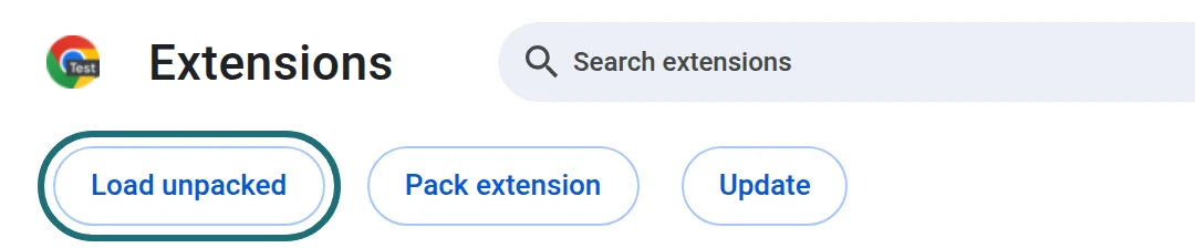Chrome's Extensions page with Developer mode on: the Load unpacked button outlined, next to Pack extension and Update.