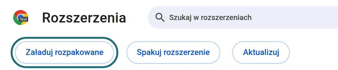 Strona Rozszerzenia po włączeniu trybu dewelopera: przycisk Załaduj rozpakowane obwiedziony ramką, obok Spakuj rozszerzenie i Aktualizuj.