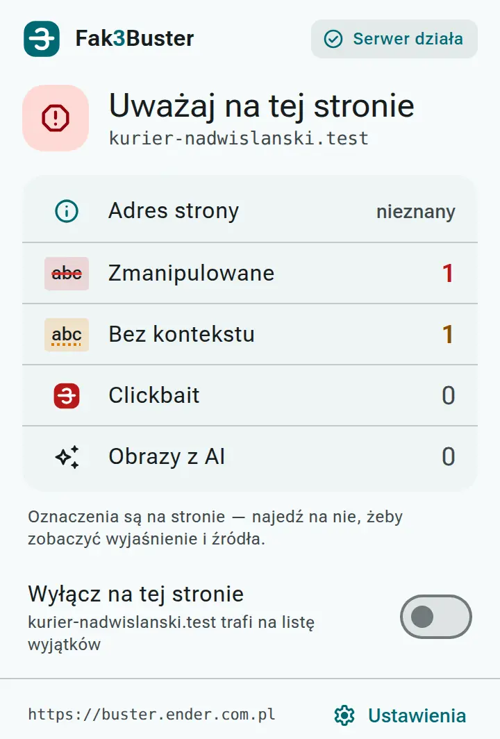 Okienko wtyczki: Uważaj na tej stronie. Liczniki: zmanipulowane 1, bez kontekstu 1, clickbait 0, obrazy z AI 0. Przełącznik Wyłącz na tej stronie.