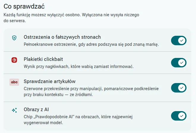Ustawienia: cztery włączniki — ostrzeżenia o fałszywych stronach, plakietki clickbait, sprawdzanie artykułów, obrazy z AI.